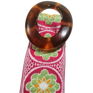 70s Jacquard Weave Cloth Reversible Pull Through Belt Retro Floral Oval Buckle